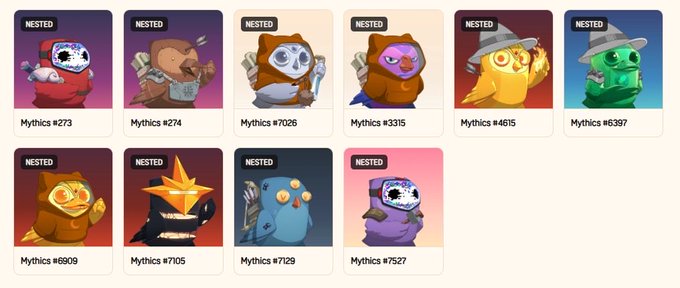 The image displays a collection of 10 "Nested" Mythics NFTs labeled with numbers such as #273, #274, #7026, #3315, #4615, #6397, #6909, #7105, #7129, and #7527, visually representing the additional Mythics being acquired by the SPIDA Retirement Fund. This aligns with the post's announcement of an OTC deal to expand the fund's Mythics holdings within the Moonbirds ecosystem.