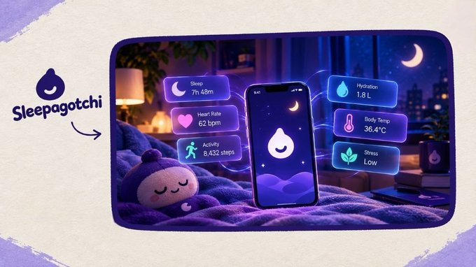 A promotional image for the 'Sleepagotchi' app showing a phone displaying sleep and health metrics (Sleep 7h 48m, Heart Rate 62 bpm, Activity 8,432 steps, Hydration 1.8 L, Body Temp 36.4°C, Stress Low) alongside a cute plush character on a bed.