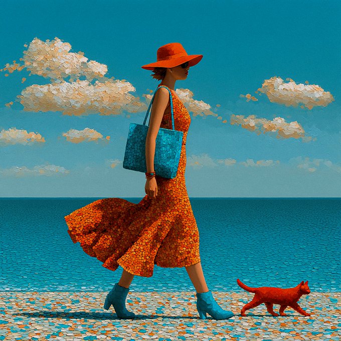 A woman in a flowing orange dress and wide-brimmed hat walks along a pebbled beach carrying a blue tote bag, accompanied by a small orange cat, capturing the artistic essence of "My Cat, My Rules." The painting's serene seaside setting and the feline companion's confident stride embody the playful yet poised spirit suggested by the artwork's title.