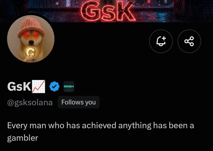 A social media profile for "GsK" (@gsksolana) featuring a Shiba Inu dog wearing a pink beanie with glowing red eyes holding a coin, displaying a bio that reads "Every man who has achieved anything has been a gambler" — fitting with the accompanying post praising @gsksolana's back-to-back successful "cooks" and advising others to follow the account closely for its hot streak of profitable calls.