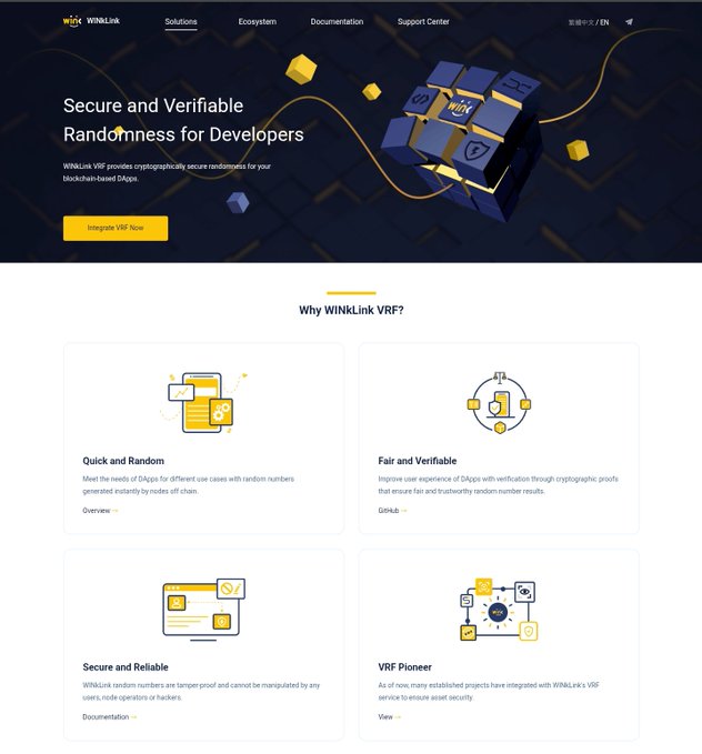 A website screenshot for WINkLink VRF advertising 'Secure and Verifiable Randomness for Developers' with sections explaining Quick and Random, Fair and Verifiable, Secure and Reliable, and VRF Pioneer features.