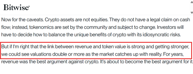 A screenshot of a Bitwise article in which CIO Matt Hougan argues that valuations of crypto protocols could "double or more" as the market catches up with the reality that token revenue and token value are increasingly linked.