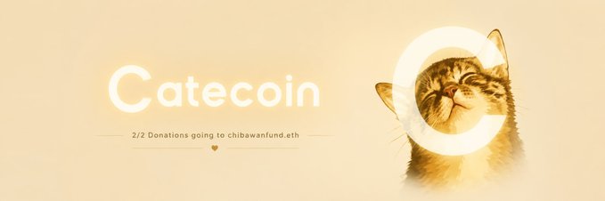 This banner features the "Catecoin" logo next to an illustration of a sleeping cat, with text stating that "2/2 Donations going to chibawanfund.eth." This image visually supports the post by emphasizing the charitable impact of $CATE donations.
