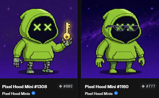 Two green pixel-art hooded figures are displayed side by side, labeled 'Pixel Hood Mini #130B' (#802) and 'Pixel Hood Mini #1160' (#777), with the right one wearing pixel sunglasses.