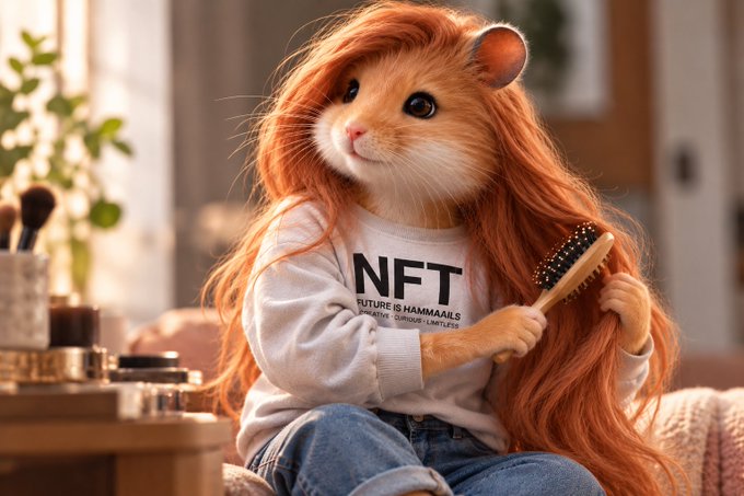 A whimsical digital illustration shows a hamster with long, flowing orange hair wearing a gray sweatshirt reading 'NFT - FUTURE IS HAMMAAILS', holding a wooden hairbrush.