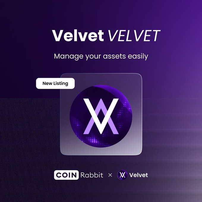 A purple promotional graphic announcing a new listing for 'Velvet (VELVET)' on CoinRabbit, with the tagline 'Manage your assets easily' and featuring a stylized 'W' logo.