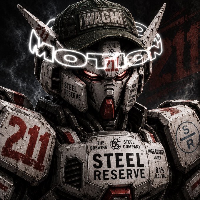 A weathered, battle-worn Gundam-style mech is fully branded as a Steel Reserve 211 "High Gravity Lager" can, complete with the "STEEL RESERVE" and "8.1% ALC/VOL" labels, the "211" number on its chest and helmet, and glowing "WAGMI" and "MOTION" neon signs hovering around its head. The post celebrates the shared "transformative era" vibe—juxtaposing the rugged mecha imagery with crypto tickers ($MOTION, $WAGMI) and the famous 211 malt liquor as a sponsor.