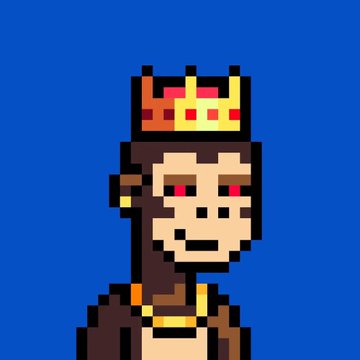 Pixel art portrait of a crowned figure with brown skin, dark hair, and red eyes wearing a yellow crown and gold necklace against a solid dark blue background.