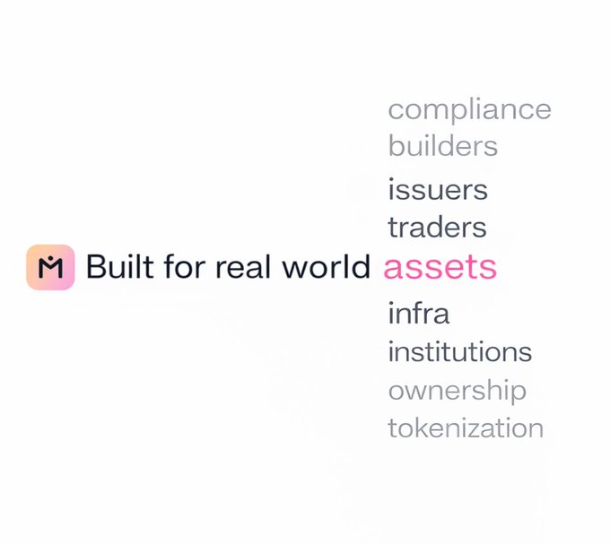 The image shows a white background with black text that reads "Built for real world assets infra institutions ownership tokenization" written in pink and purple colors. The text is arranged in a bullet point format, making it easy to read and understand.