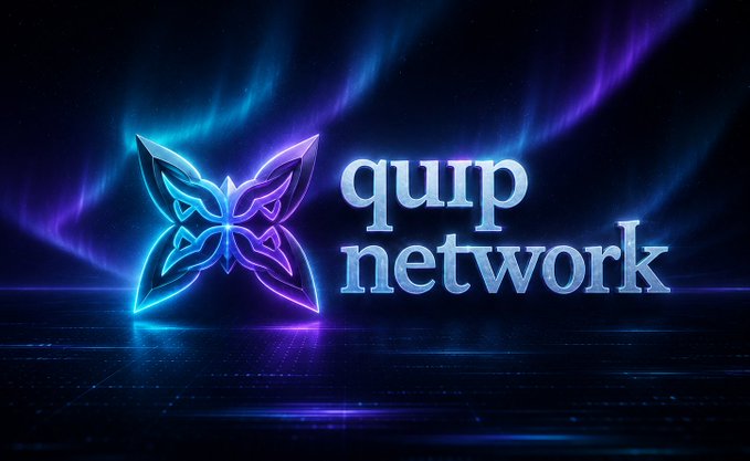 The image displays the "quip network" logo, featuring a glowing butterfly-like emblem in cyan and purple hues against a dark, aurora-lit background. This visual ties to the post's theme of quantum-powered innovation, where Quip Network's winged emblem symbolizes the intersection of quantum resources and blockchain infrastructure, aiming to elevate security and efficiency through cutting-edge technology.