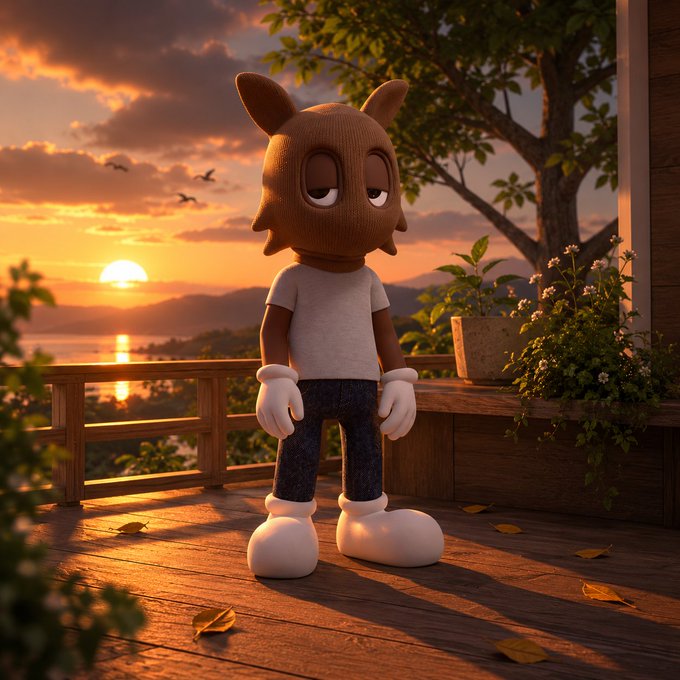 A 3D-rendered cartoon character with a cat-like head, white gloves, and large shoes standing on a wooden balcony at sunset with a coastal view.