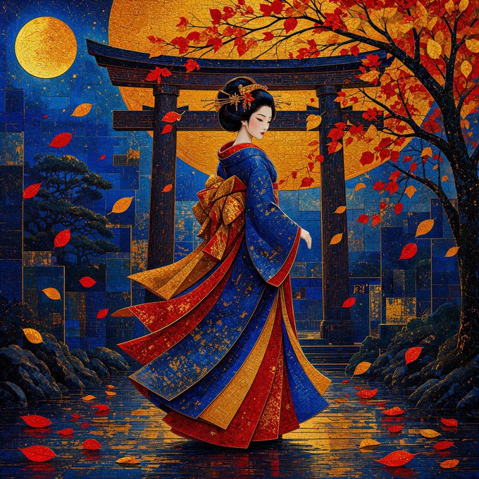 A richly textured painting in gold and blue depicting a Japanese woman in an elaborate kimono standing before a torii gate beneath a large golden moon, surrounded by falling red autumn leaves.