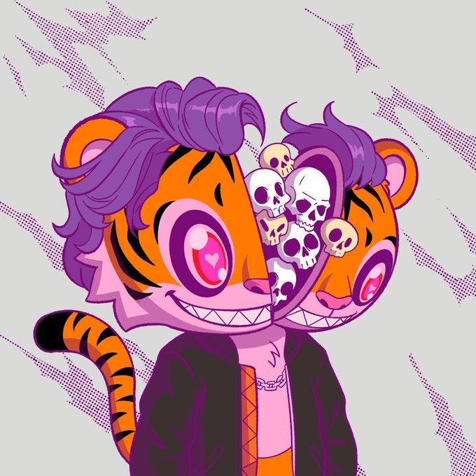 A vibrant, edgy cartoon illustration of a two-faced tiger character with purple hair, heart-shaped eyes, and one side of its head open to reveal a pile of skulls inside.