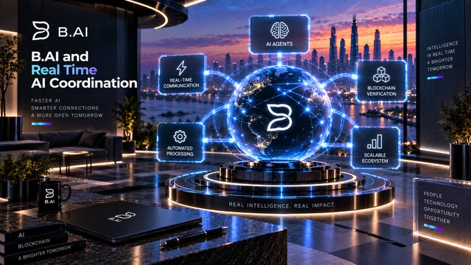 A promotional banner for "B.AI" titled "B.AI and Real Time AI Coordination" features a glowing digital globe surrounded by feature icons including "AI AGENTS", "REAL-TIME COMMUNICATION", "BLOCKCHAIN VERIFICATION", "AUTOMATED PROCESSING", and "SCALABLE ECOSYSTEM".