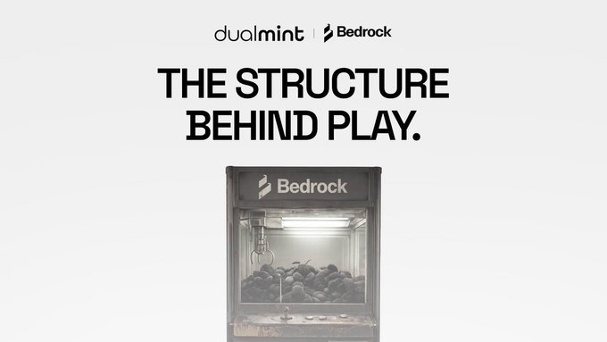 An advertisement featuring the text 'THE STRUCTURE BEHIND PLAY' above an image of a Bedrock game/atmospheric chamber, with logos for 'dualmint' and 'Bedrock' at the top.