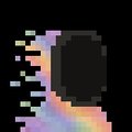 A small pixel art illustration of a black smartwatch with a colorful gradient band against a black background.