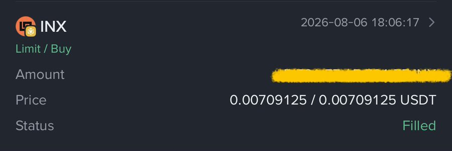 A screenshot of a filled Limit/Buy order for INX at a price of 0.00709125 USDT, dated 2026-08-06, supporting the poster's claim of buying INX on dips in anticipation of a price pump.