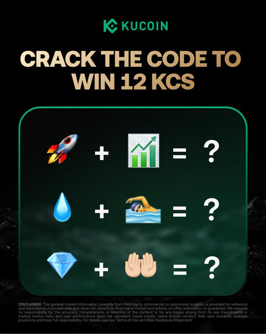 A KuCoin promotional graphic featuring a "Crack the Code to Win 12 KCS" puzzle, where participants must decode three emoji-based equations (rocket + bar chart, water drop + swimming, and diamond + open hands) by following @kucoincom, reposting, and joining the KuTrader Alliance event.