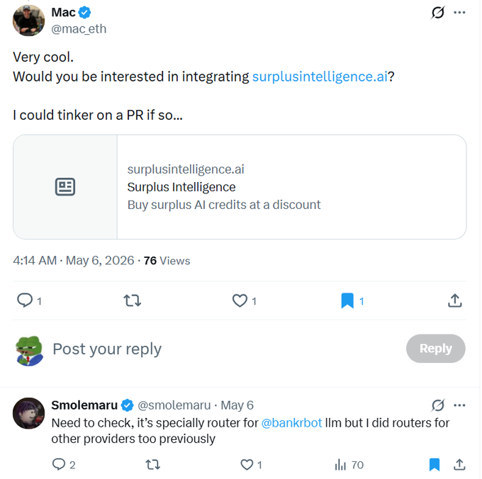 The image shows a Twitter post with multiple users, including a user named "Mac" who has posted about integrating Surplus Intelligence into their network. The post includes a link to an article discussing this integration process. The text of the post reads: "Very cool. Would you be interested in integrating Surplus Intelligence? Could tinkered on a PR if so...".