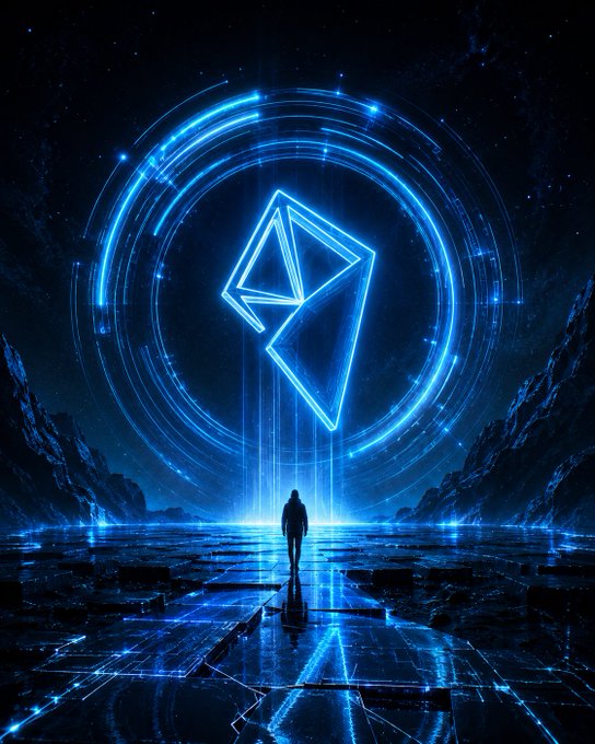 A lone figure stands before a glowing blue geometric emblem and circular energy rings in a futuristic, otherworldly landscape, evoking the convergence of digital and real-world economies. The luminous symbol resembles a stylized letter or token, mirroring the post's theme of AI-powered smart agents bridging digital value with real-world payments through AINFT and AEON.