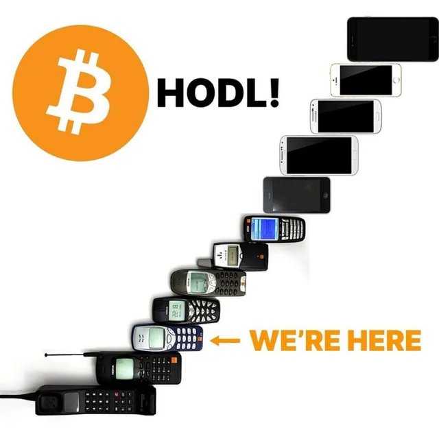 A humorous graphic featuring the Bitcoin logo with 'HODL!' text, showing an evolution-style progression from old brick phones to modern smartphones with 'WE'RE HERE' pointing to the current smartphone era.