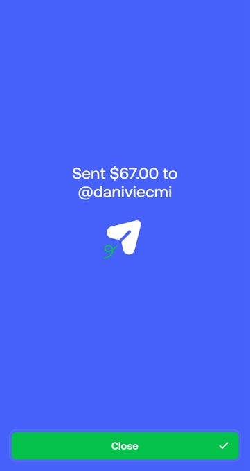 This image shows a confirmation of "$67.00 sent to @daniviecmi", which directly relates to the post celebrating the user and referencing a token called $JAMES. The image depicts a transaction confirmation that supports the celebratory nature of the post.