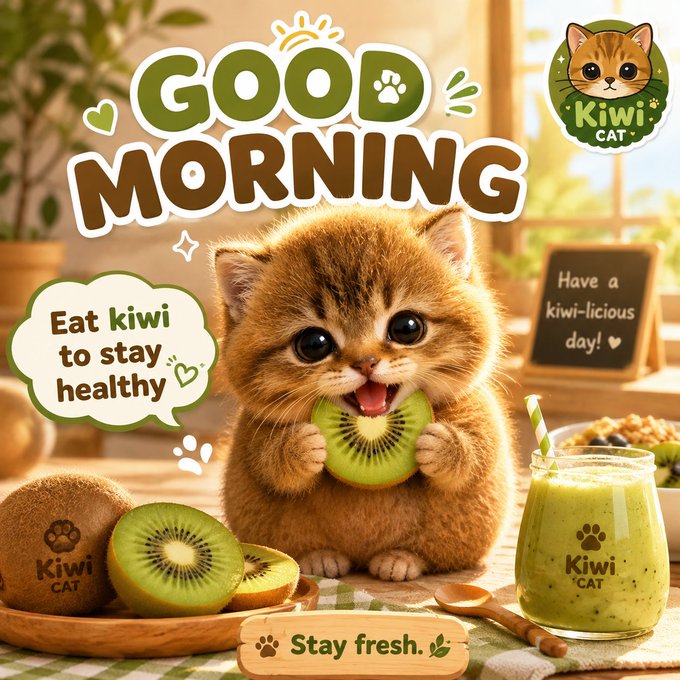 A promotional graphic for 'Kiwi Cat' featuring an adorable orange kitten eating a slice of kiwi, with text saying 'GOOD MORNING', 'Eat kiwi to stay healthy', and 'Stay fresh.'