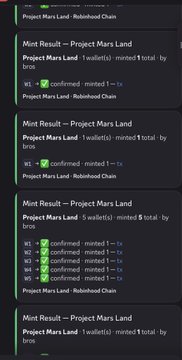 A mobile screenshot shows multiple Mint Result notifications for "Project Mars Land - Robinhood Chain," each confirming successful minting of NFT plots (1 to 5 wallets/items totaling 1 tx each) at minimal gas fees, visually supporting the post's claim of mass-minting Project Mars Plots within a short timeframe.