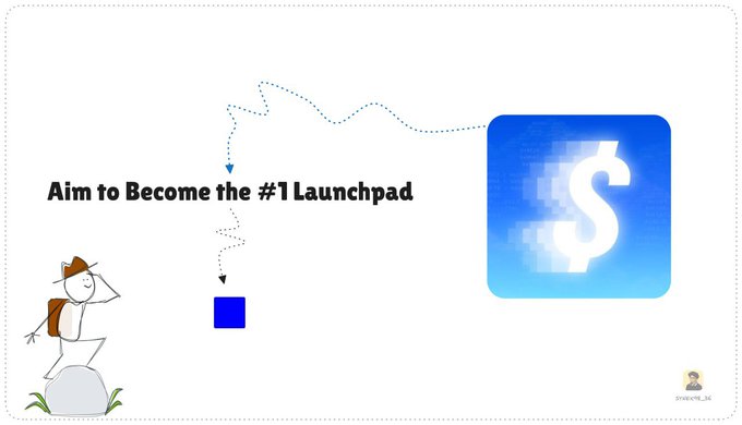 A diagram showing a stick figure on a rock with the text "Aim to Become the #1 Launchpad" and an arrow pointing to a large stylized "S" logo on a blue gradient background.