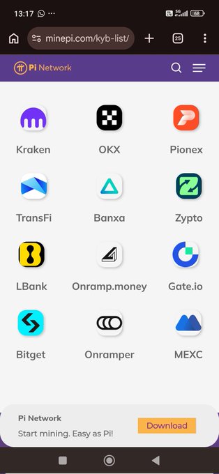 A mobile screenshot of minepi.com/kyb-list/ displaying the Pi Network's KYC partners including Kraken, OKX, Pionex, TransFi, Banxa, Zypto, LBank, Onramp.money, Gate.io, Bitget, Onramper, and MEXC.