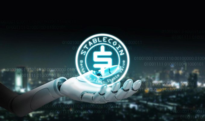 A robotic hand presents a glowing "STABLECOIN — Backed by Fiat, Stable Value" coin over a cityscape overlaid with binary code, visually symbolizing the emergence of AI agents as a new user group in crypto that rely on stablecoin payments.