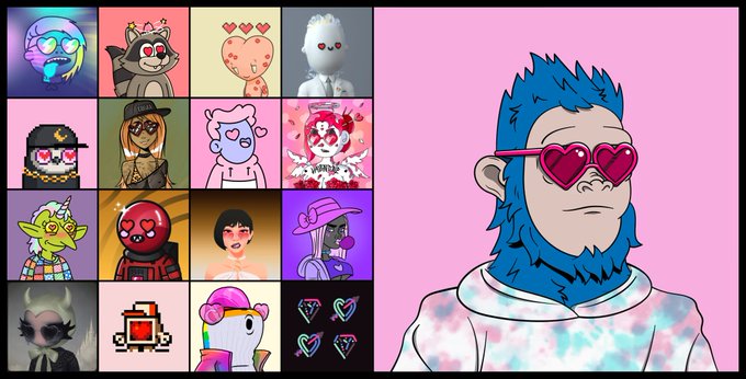 A screen showing a grid of 16 NFT digital art collectibles on the left and a large illustration of a blue gorilla character wearing heart-shaped sunglasses on a pink background on the right.