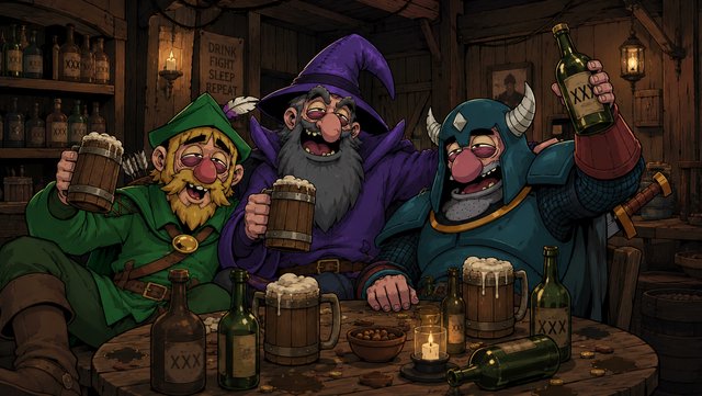 A cartoon illustration of three medieval-style characters—an elf, a wizard, and a horned warrior—cheering with beer mugs and bottles (labeled 'XXX') around a tavern table scattered with mugs and bottles, with a sign reading 'DRINK FIGHT SLEEP REPEAT' in the background.