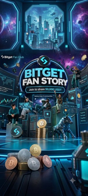 A promotional graphic for 'BITGET FAN STORY' featuring a share pool of 50,000 USDT, depicting stylized characters, crypto coins, and a futuristic cyberpunk cityscape.