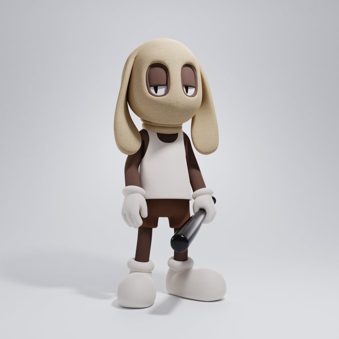 A 3D render of a cartoonish dog-like character with floppy ears, wearing white gloves and shoes, holding a black cylindrical object.