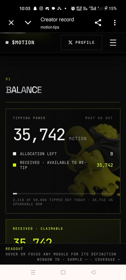 The image shows a creator record page from "motion.tips" displaying a balance of 35,742 $MOTION tokens with 35,742 received available to retip, supporting the post's claim of having 35k $motion tokens to share tips with others.
