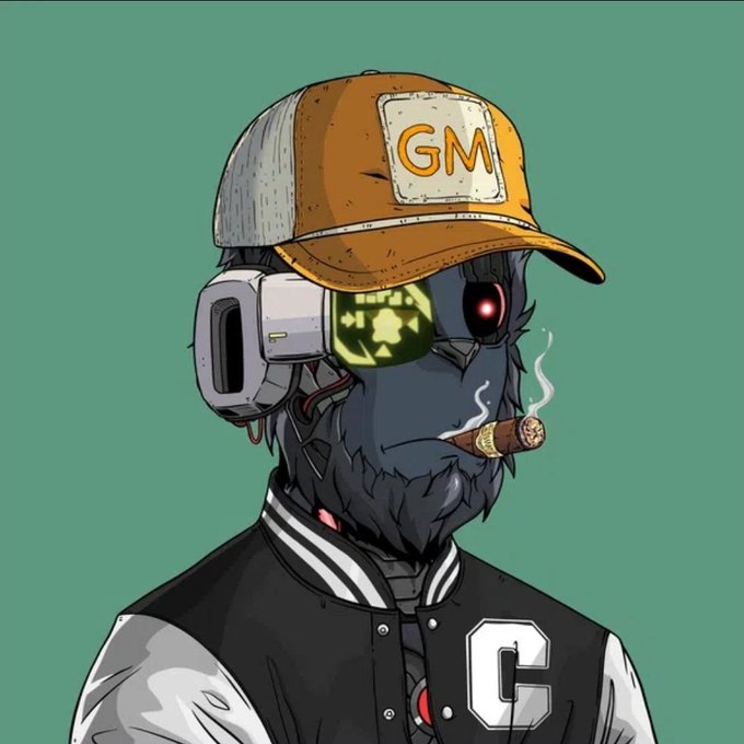 The image features a cartoon character wearing a black jacket with white stripes and a baseball cap that says "Gm" on it, smoking a cigar while standing against a green background. The caption of the image reads "Good Morning X-Gang Hope everyone woke up strong today! Cr00ts-X playable characters are live and causing chaos in the Arena already Have you tried hatching yours yet? Drop the results, let’s hype each other up".