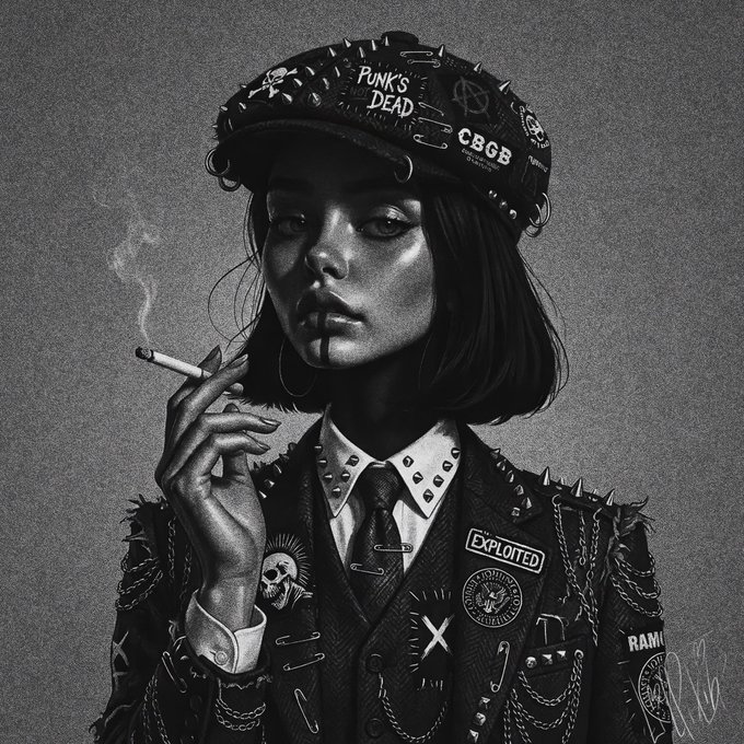 A black and white digital illustration of a punk-styled girl with short dark hair, wearing a spiked cap with 'PUNK'S DEAD' and 'CBGB' patches, and a studded leather jacket with safety pins, holding a smoking cigarette.