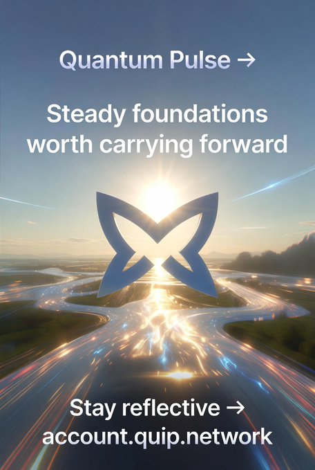 A promotional graphic with the text 'Quantum Pulse → Steady foundations worth carrying forward' and 'Stay reflective → account.quip.network' over a scenic background of roads at sunrise with a butterfly logo.
