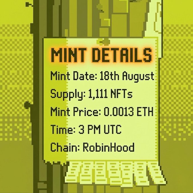 A pixel-art graphic styled like a banana peel displays "MINT DETAILS" outlining the key logistics of the August 18 mint event—1,111 NFT supply, 0.0013 ETH price, 3 PM UTC start, and RobinHood chain—visually reinforcing the post's announcement about the 1111 Monkes collection launch.