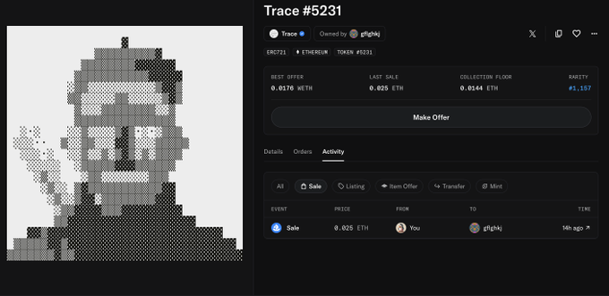 A screenshot of an NFT marketplace listing for 'Trace #5231' on the Ethereum network, showing a pixelated black and white portrait with a best offer of 0.0176 WETH and a last sale of 0.025 ETH.