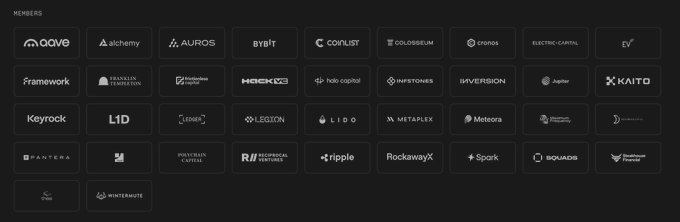 A black screen displaying a grid of 'MEMBERS' logos, including 'AAVE', 'alchemy', 'AUROS', 'BYBIT', 'COINLIST', 'framework', 'heli copital', 'KEYROCK', 'LEGION', 'PANTERA', 'R/REPUBLIC CAPITAL', 'ripple', 'RockawayX', and 'WINTERMUTE'.