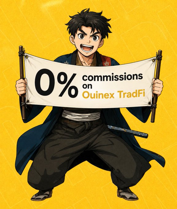 An anime-style illustration shows an enthusiastic young warrior in traditional Japanese attire enthusiastically holding up a banner reading "0% commissions on Ouinex TradFi," visually reinforcing the post's excitement about Ouinex's new zero-commission offering as a game changer for traders burdened by high fees and poor liquidity.