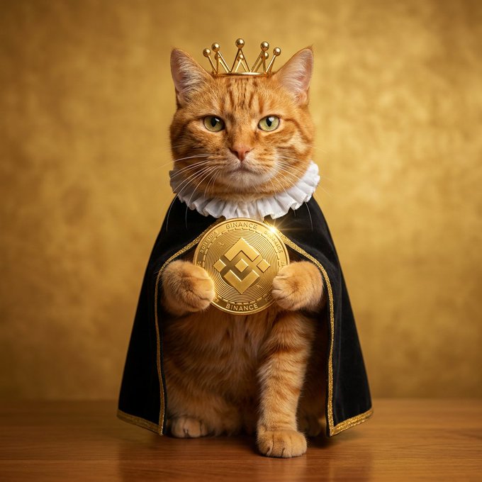 An orange tabby cat sits on a wooden surface wearing a small gold crown, a white ruffled collar, and a black cape, while holding a large gold Binance coin.