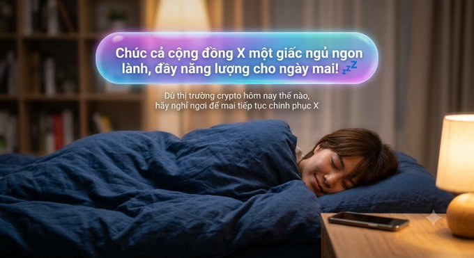 A goodnight graphic featuring a woman sleeping in bed with Vietnamese text wishing the X community sweet dreams and a sunny, energized day ahead.