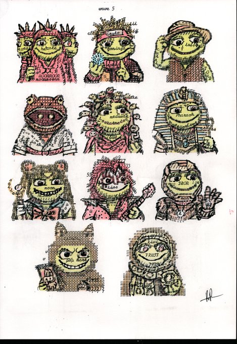 A hand-drawn illustration displays a collection of eleven cartoonish toad characters labeled "ISSUE 5" at the top, each featuring distinct costumes, accessories, and names like "monsieur," "scared," "mokambo," "pharaoh," "nerd," and "riot," with the artist's signature in the corner. The image represents the physical typewriter artwork being auctioned alongside the "Dark Toad NFT" in the POET TOADS collection.