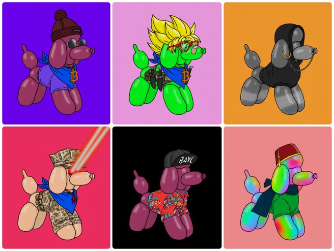 A grid of six cartoon balloon-dog characters in various styles, including one wearing a blue bandana with a Bitcoin 'B' logo, another with spiky blonde hair, and others in streetwear.