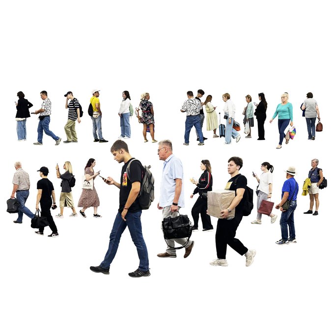 The image shows a group of people walking down a street, with some of them using their cell phones while others are carrying bags or backpacks. The photo appears to be taken from an aerial perspective, providing a bird's eye view of the scene. The caption provided in the image seems to be related to a post on social media, but it is not clear what specific content that post might be.