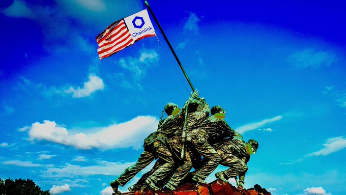 A group of soldiers in camouflage uniforms work together to raise a flag combining the American flag with the "Chainlink" logo and emblem against a vivid blue sky, symbolizing the collaborative effort and patriotic alliance behind Chainlink's vision. The image represents the "newcomers" at Chainlink Labs and Sergey Nazarov rallying together, much like soldiers uniting under a shared banner, to push back against transferring all revenue to the Chainlink reserve and instead ensure integrations generate and retain their own financial returns following the Clarity Act.