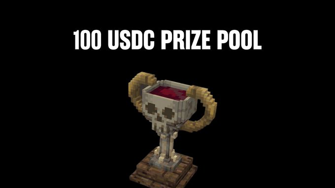 The image features a trophy cup sitting on top of a wooden base, with a red liquid inside. The text "100 USDC PRIZE Pool" is displayed above the trophy, indicating that this is an online gaming tournament for USDC prizes. The trophy appears to be made out of Minecraft blocks and has a skull design on it. The image also includes a caption about a post on Starknet discussing the upcoming tournament and the prizes offered.